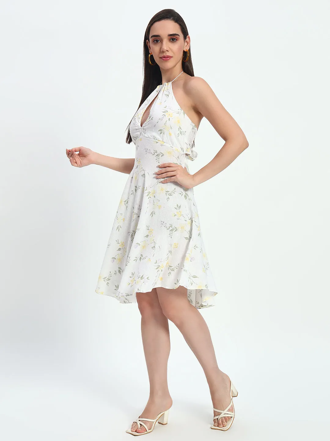 Women's Halter Neck Backless White Floral Printed Dress