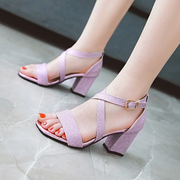 Women's Sparkling Cross Ankle Strap Block Heel Sandals