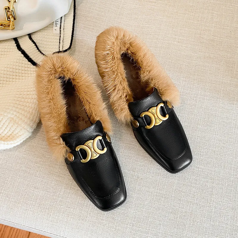 Zofia Genuine Leather Chunky Heel Loafers with Fur