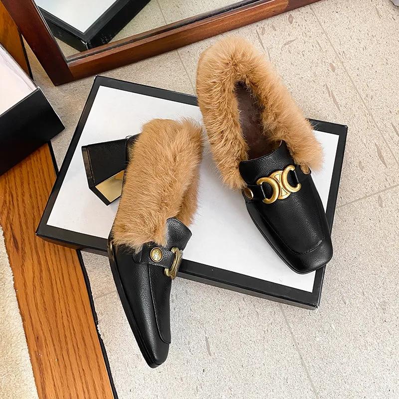 Zofia Genuine Leather Chunky Heel Loafers with Fur