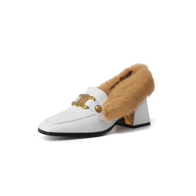 Zofia Genuine Leather Chunky Heel Loafers with Fur